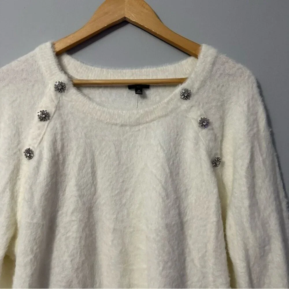 Talbots Plush Crewneck Sweater Ivory Embellished Soft Knit Plus Size 2X